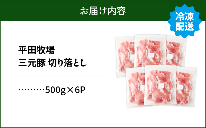 日本の米育ち平田牧場 三元豚切り落とし 500g×6パック（計3kg）　T036-006