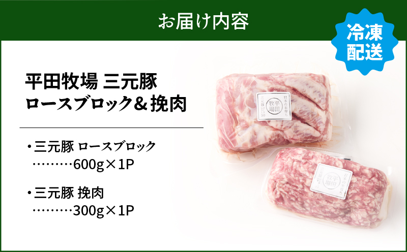 日本の米育ち平田牧場 三元豚ロースブロック（600g）・挽肉（300g）計900g　T036-009