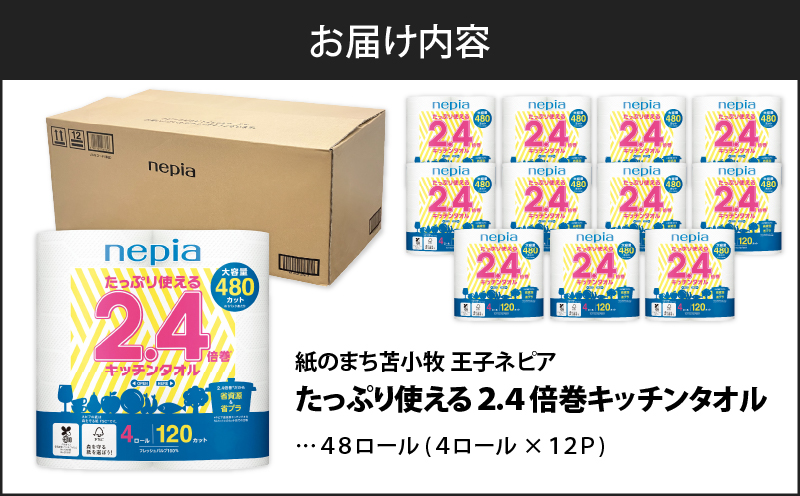 【A044】紙のまち苫小牧 ネピア たっぷり使える2.4倍巻 キッチンタオル　T001-018