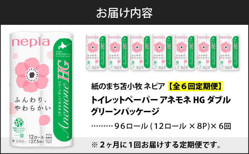 【全6回定期便】紙のまち苫小牧 ネピア トイレットペーパー アネモネHG ダブル グリーンパッケージ（96ロール×6回）　T001-T04