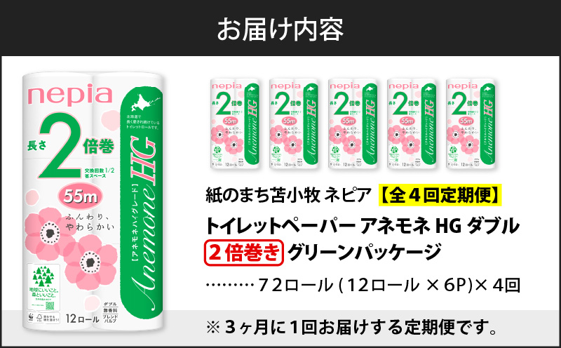 【全4回定期便】紙のまち苫小牧 ネピア トイレットロール アネモネHG 12ロール ダブル 6パック 2倍巻（72ロール×4回）　T001-T16