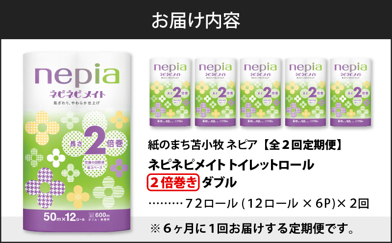 【全2回定期便】紙のまち苫小牧 ネピア ネピネピメイト トイレットロール 2倍巻 12ロール ダブル（72ロール×2回）　T001-T27