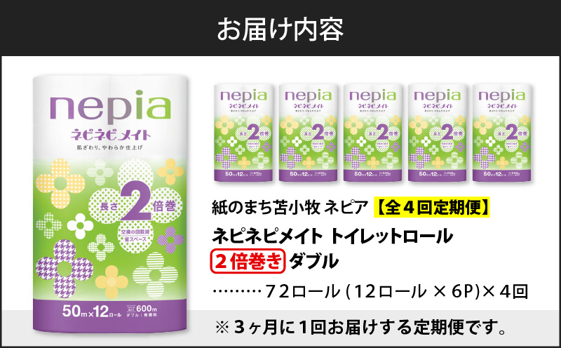 【全4回定期便】紙のまち苫小牧 ネピア ネピネピメイト トイレットロール 2倍巻 12ロール ダブル（72ロール×4回）　T001-T28