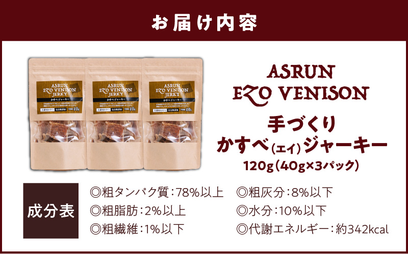 アスランエゾベニソン かすべジャーキー 40g×3袋入り 犬用おやつ 猫用おやつ 無添加 手作り　T012-017