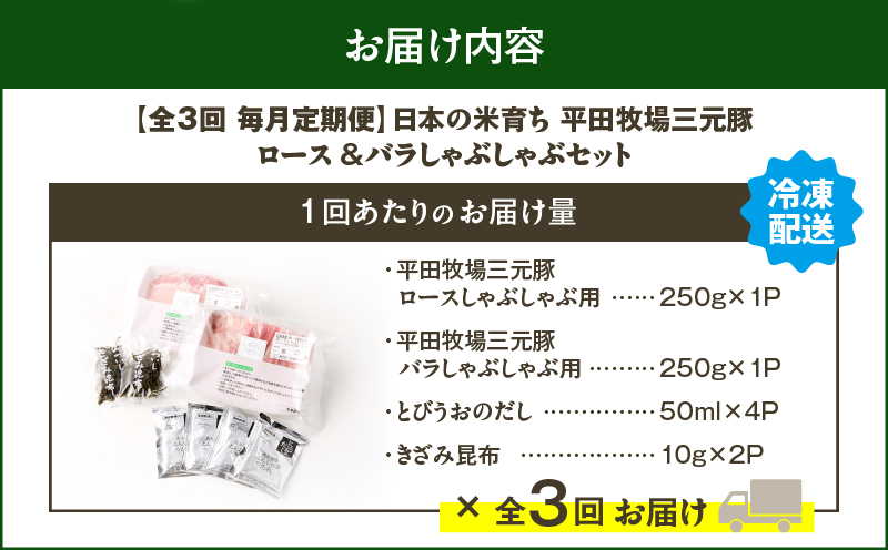 【全3回 毎月定期便】日本の米育ち平田牧場 三元豚ロース 250g・バラしゃぶしゃぶロース 250g　T036-T02-01