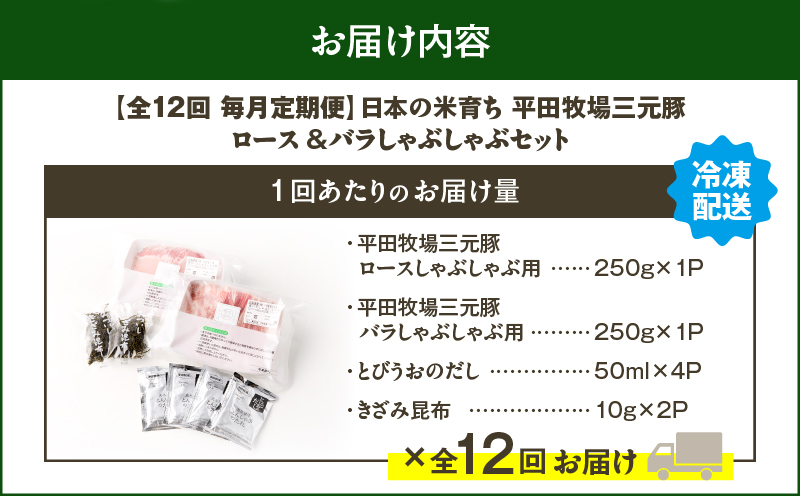 【全12回 毎月定期便】日本の米育ち平田牧場 三元豚ロース 250g・バラしゃぶしゃぶロース 250g　T036-T02-03