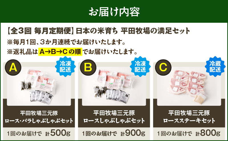 【全3回 毎月定期便】日本の米育ち平田牧場の満足セット！　T036-T05-01