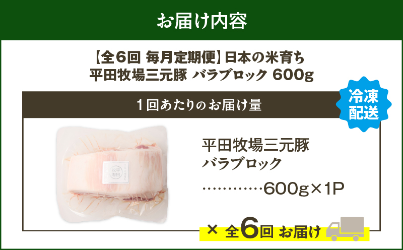 【全6回 毎月定期便】日本の米育ち平田牧場三元豚バラブロック 600g　T036-T08-02