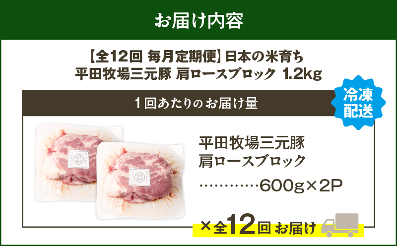 【全12回 毎月定期便】日本の米育ち平田牧場三元豚肩ロースブロック 1.2kg　T036-T11-03