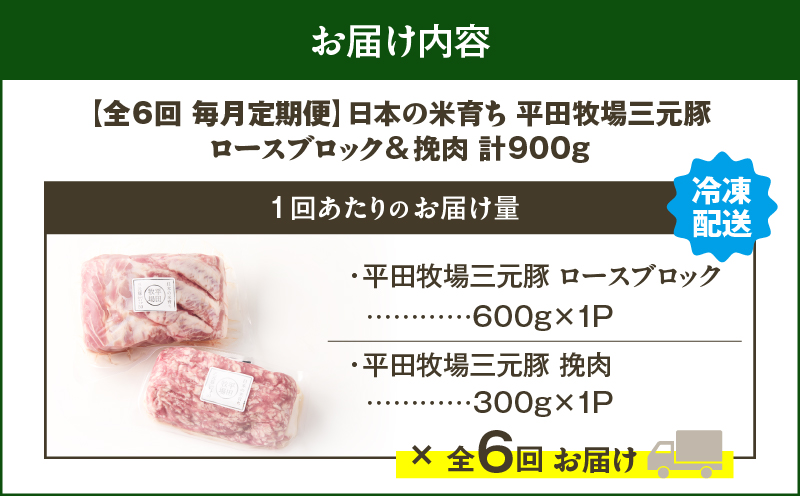 【全6回 毎月定期便】日本の米育ち平田牧場三元豚ロースブロック 600g・三元豚挽肉 300g　T036-T13-02