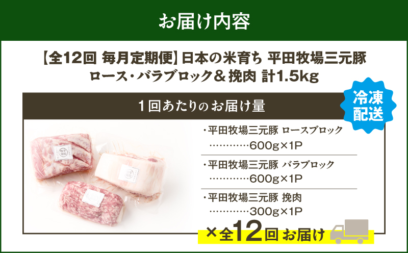 【全12回 毎月定期便】日本の米育ち平田牧場三元豚バラブロック 600g・豚ロースブロック 600g・豚挽肉 300g　T036-T14-03