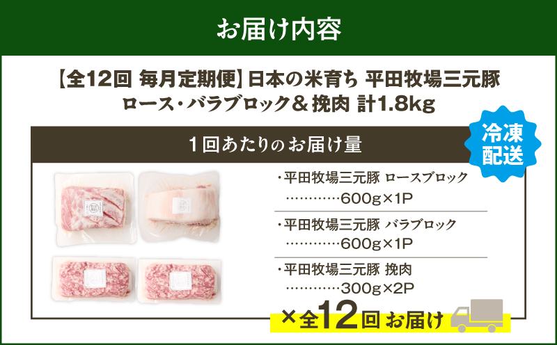 【全12回 毎月定期便】日本の米育ち平田牧場三元豚バラブロック 600g・豚ロースブロック 600g・豚挽肉 600g　T036-T15-03
