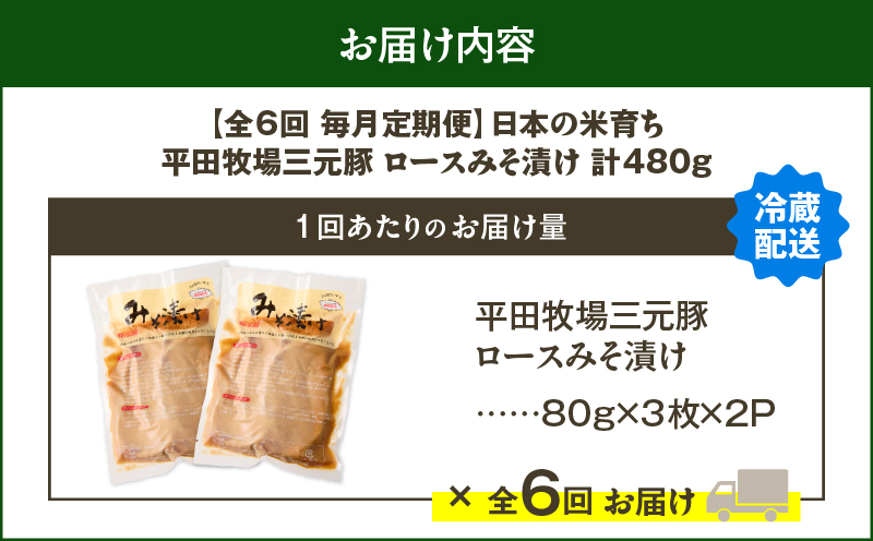 【全6回 毎月定期便】日本の米育ち平田牧場三元豚ロースみそ漬け 80g×3枚×2P　T036-T16-02