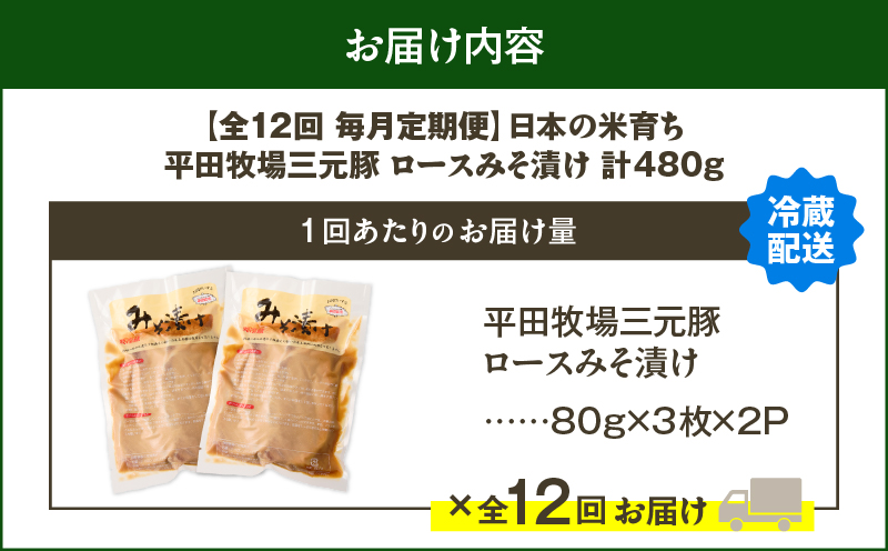 【全12回 毎月定期便】日本の米育ち平田牧場三元豚ロースみそ漬け 80g×3枚×2P　T036-T16-03