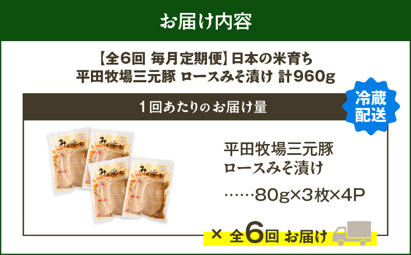 【全6回 毎月定期便】日本の米育ち平田牧場三元豚ロースみそ漬け 80g×3枚×4P　T036-T17-02