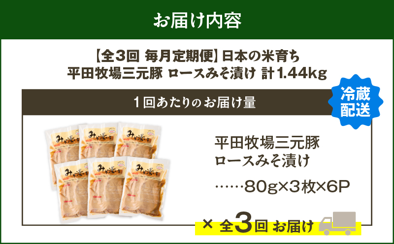 【全3回 毎月定期便】日本の米育ち平田牧場三元豚ロースみそ漬け 80g×3枚×6P　T036-T18-01
