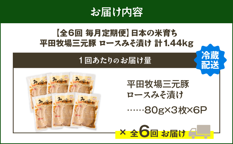 【全6回 毎月定期便】日本の米育ち平田牧場三元豚ロースみそ漬け 80g×3枚×6P　T036-T18-02