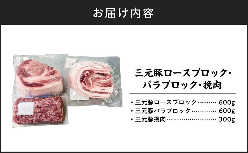 日本の米育ち平田牧場 三元豚ロースブロック（600g）・バラブロック（600g）・挽肉（300g）計1.5kg　T036-010