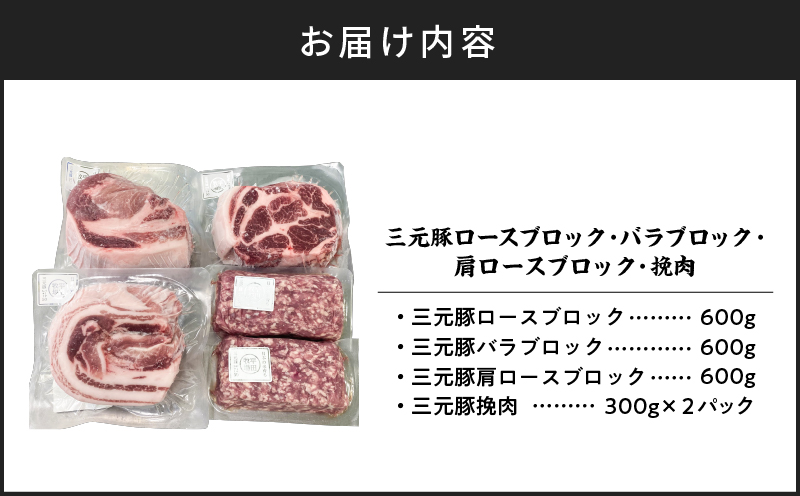 日本の米育ち平田牧場 三元豚ロースブロック・バラブロック・肩ロースブロック・挽肉　各600g（計2.4kg）　T036-011