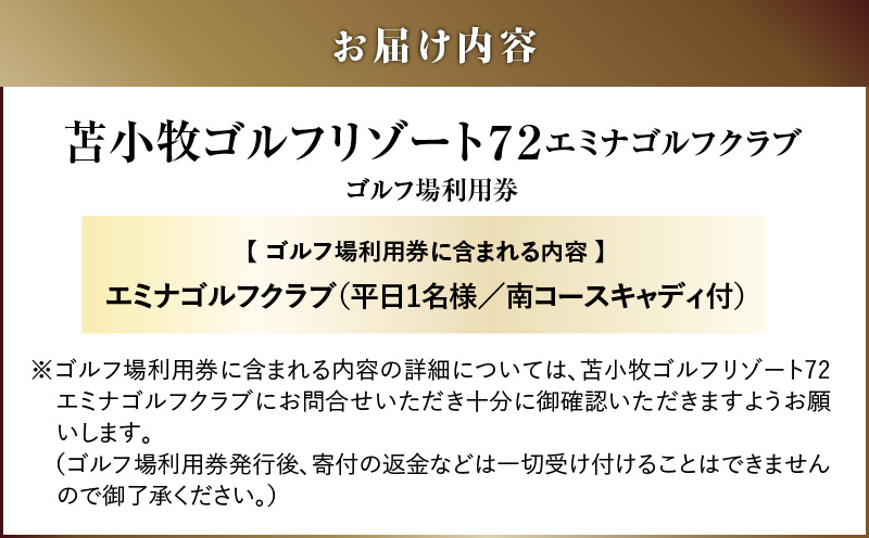 C54 【平日限定】苫小牧ゴルフリゾート72 エミナゴルフクラブ ゴルフ場利用券（南コースキャディ付）　T042-FT08
