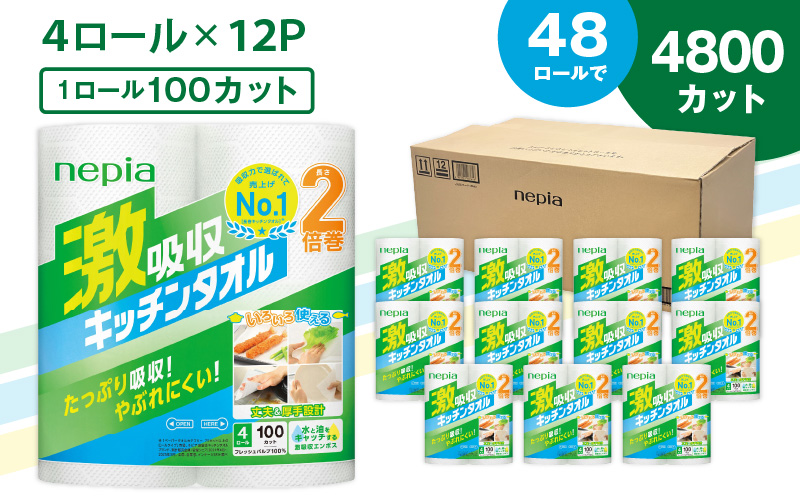 【A012】紙のまち苫小牧 王子ネピア 激吸収 キッチンタオル 100 （48ロール）　T001-001