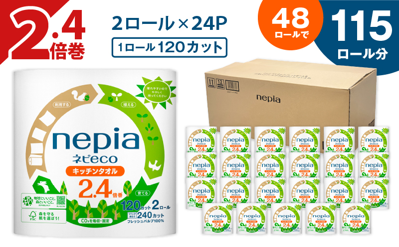 【A030】紙のまち苫小牧 ネピeco キッチンタオル 2ロール 24パック 紙包装　T001-007