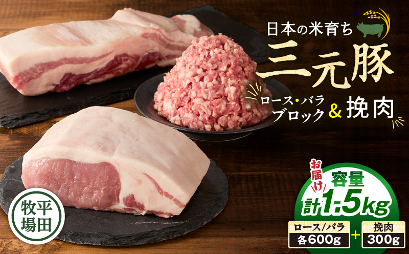日本の米育ち平田牧場 三元豚ロースブロック（600g）・バラブロック（600g）・挽肉（300g）計1.5kg　T036-010