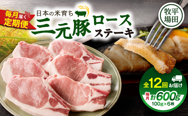 【全12回 毎月定期便】日本の米育ち平田牧場 三元豚ロースステーキ 6枚　T036-T03-03