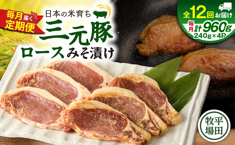 【全12回 毎月定期便】日本の米育ち平田牧場三元豚ロースみそ漬け 80g×3枚×4P　T036-T17-03