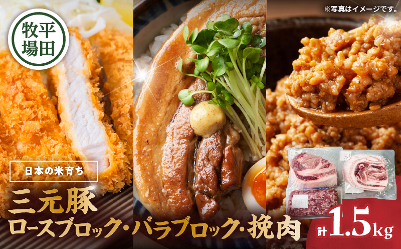 日本の米育ち平田牧場 三元豚ロースブロック（600g）・バラブロック（600g）・挽肉（300g）計1.5kg　T036-010