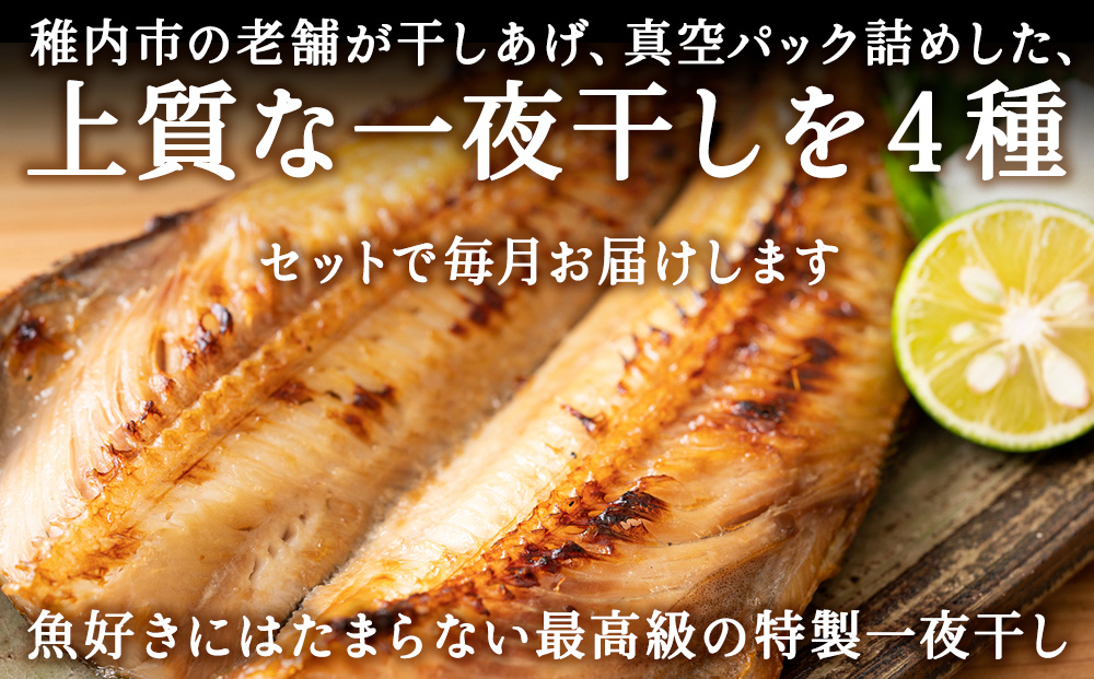 【毎月定期便】【北海道の居酒屋気分】一夜干し 4種セット ほっけ 縞ほっけ 鰊 宗八かれい全2回