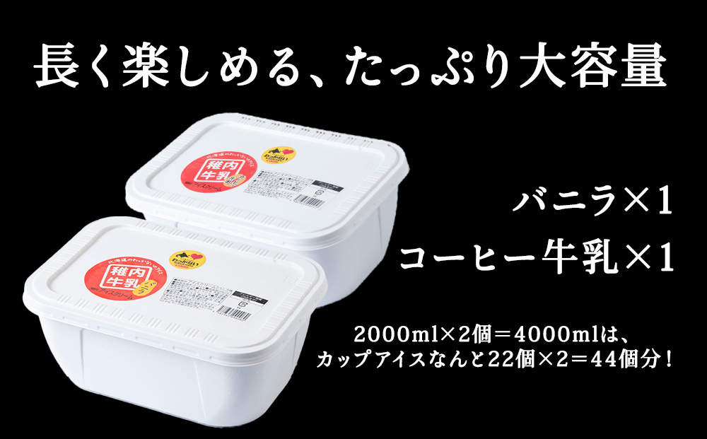 【業務用】稚内牛乳アイスクリーム2000mlバニラ×コーヒー牛乳2個セット