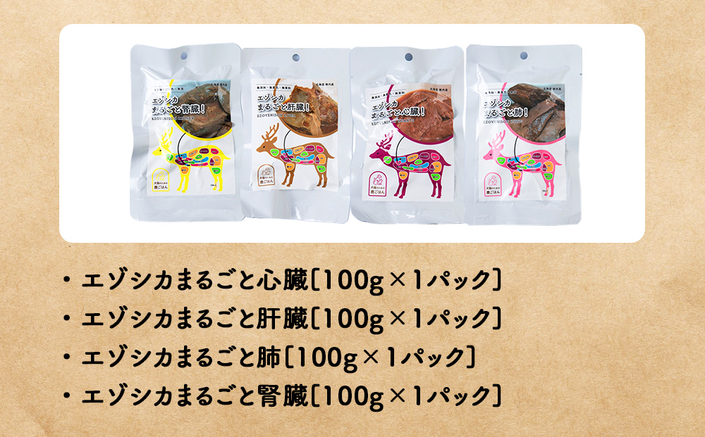 【愛犬用エゾシカ肉】まるごと内臓シリーズ（心臓・肝臓・肺・腎臓）各100g 合計400gセット