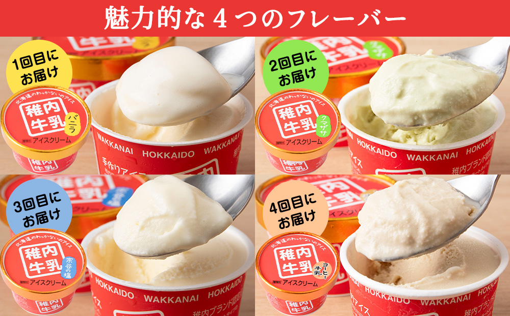 【定期便4ヶ月】毎月違う味が届く！稚内牛乳 アイスクリーム (バニラ、クマザサ、コーヒー牛乳、宗谷の塩)各12個