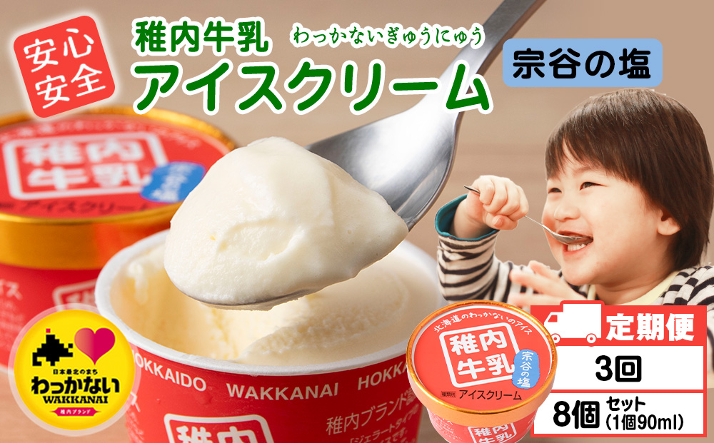 【定期便3ヶ月】稚内牛乳 アイスクリーム 宗谷の塩　8個セット（各90ml）