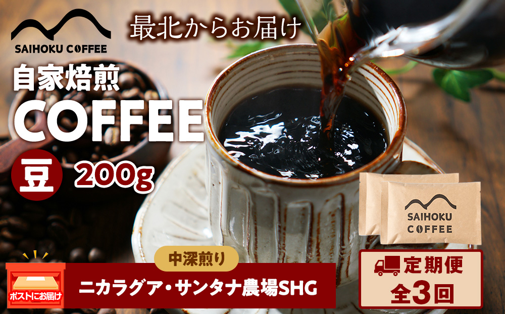 【定期便3ヶ月】自家焙煎珈琲　ニカラグア・サンタナ農園SHG 中深煎り(豆) 200g