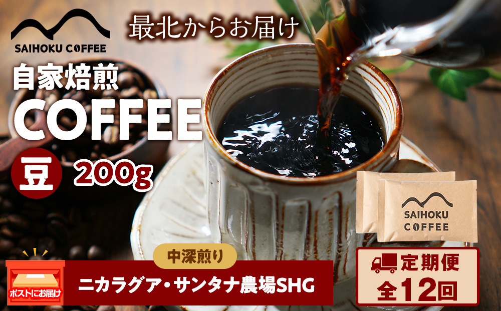 【定期便12ヶ月】自家焙煎珈琲　ニカラグア・サンタナ農園SHG 中深煎り(豆) 200g