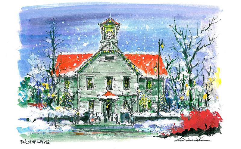 石岡剛 (洋画家)が描く 北海道 風景 アクリル画「灯火さす雪の時計台」 芦別市: 芦別市ANAのふるさと納税