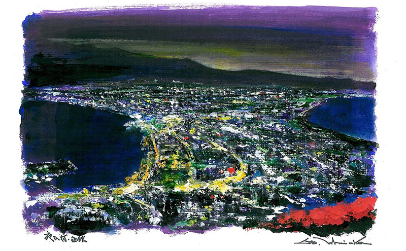 石岡剛 (洋画家)が描く 北海道 風景 アクリル画「夜の灯 函館」 芦別市: 芦別市ANAのふるさと納税