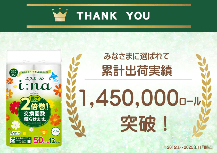 【2ヵ月連続お届け・計144ロール】エリエール i:na(イーナ) トイレットティシュー ダブル 50m 12R 6パック 長さ2倍巻 長持ち まとめ買い 紙 防災 常備品 備蓄品 消耗品 備蓄 日用品 生活必需品 北海道 赤平市