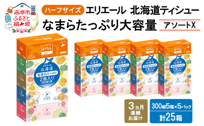 定期便 3ヵ月連続お届け エリエール ハーフサイズ 収納に便利 コンパクト 少量5パック [アソートX] 北海道ティシュー 300組 5箱×5パック 計25箱 なまらたっぷり 大容量  防災 常備品 備蓄品 消耗品 日用品