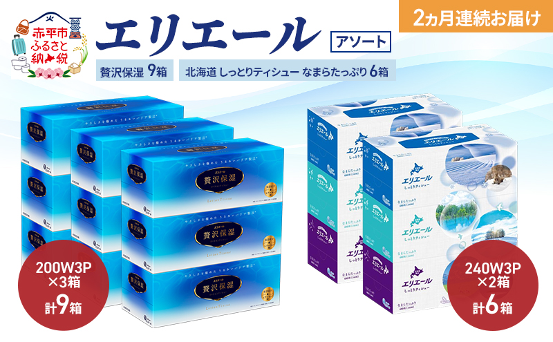 【定期便 2ヵ月連続お届け】エリエール 〈アソート〉贅沢保湿 200W3P 計9箱 北海道 しっとりティシュー なまらたっぷり 240組3箱 計6箱 ティッシュ ペーパー 箱 日用品 生活必需品 保湿成分配合 ティッシュ 紙