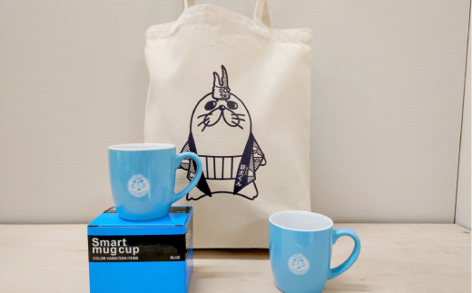 15-219 ゆるキャラ紋太グッズ(マグカップ[ブルー］2個、トートバック) 通常発送