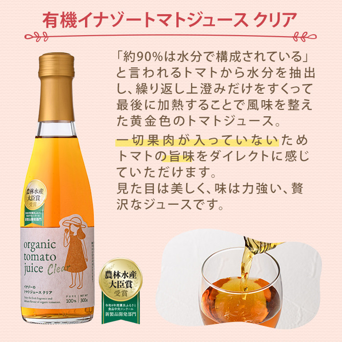 【F7087】《定期便・6回》 有機トマトジュース (720g×2本)・有機トマトジュース クリア(300g×2本)を6回お届け！トマト トマトジュース ジュース 北海道産 定期便 有機JAS認証トマト 無塩 保存料無添加 ギフト 【イナゾーファーム】