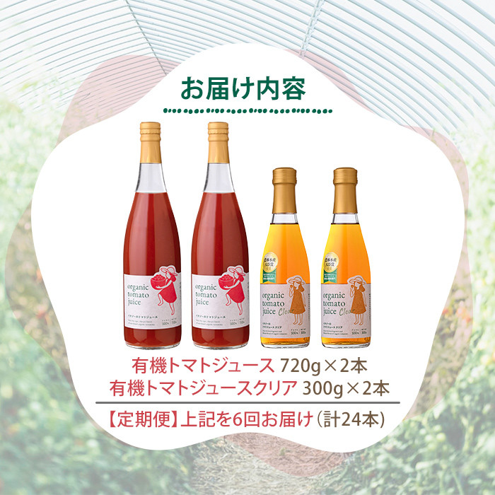【F7087】《定期便・6回》 有機トマトジュース (720g×2本)・有機トマトジュース クリア(300g×2本)を6回お届け！トマト トマトジュース ジュース 北海道産 定期便 有機JAS認証トマト 無塩 保存料無添加 ギフト 【イナゾーファーム】