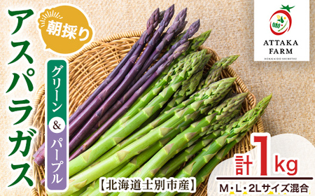 【B7108】＜特別栽培・期間限定＞北海道士別市産 アスパラ食べ比べ！グリーン＆パープル2色セット (M～2Lサイズ混合・1kg) 【2026年5月以降順次発送】野菜 アスパラガス グリーンアスパラ パープルアスパラ 北海道 北海道産 国産 産地直送 【あったかふぁーむ】