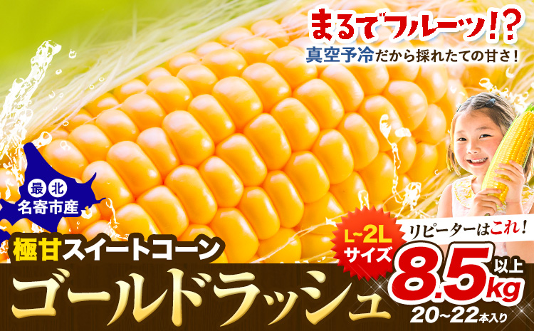 【特大】とうもろこし 極甘 スイートコーン 「 ゴールドラッシュ 」 8.5kg 以上 【先行予約 受付中】《2026年8月上旬-9月中旬頃出荷》とうもろこし 極甘 スイートコーン 「 ゴールドラッシュ 」 特大 北海道20～22本 特大 サイズ北海道 朝採れ 真空予冷 冷蔵 高糖度 トウモロコシ ギフト お中元　野菜　 コーン---nayoro_loc_24_8k---