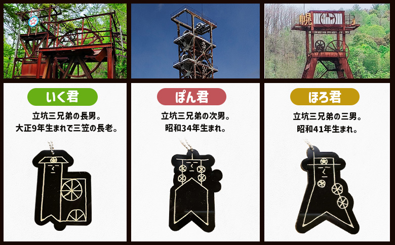 【三笠ジオパーク認定】立坑３兄弟キーホルダー（いく君・ぽん君・ほろ君）【43004】