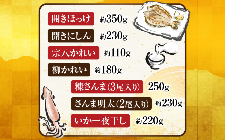 根室海鮮市場＜直送＞炉端セット7種(開きほっけ・開きにしん・宗八かれい・柳かれい・糠さんま・さんま明太・いか一夜干し) A-28262