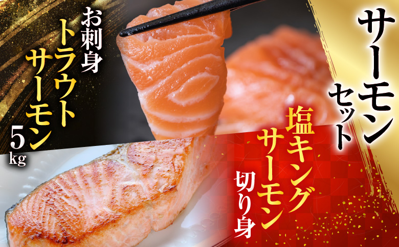お刺身トラウトサーモン10～25本(計5kg)＆塩キングサーモン切り身1切(約100g)×20P E-09009